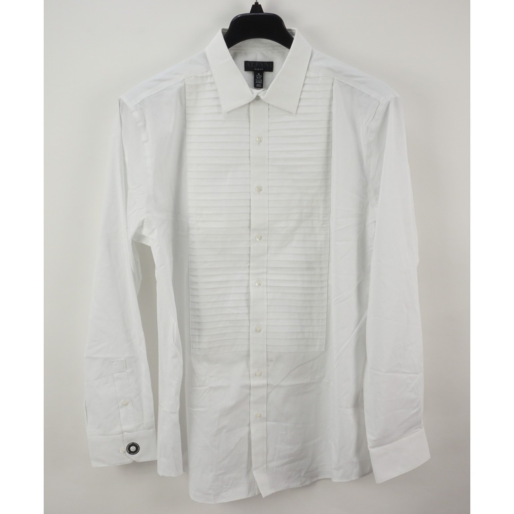 New Alfani Pleated Formal Tuxedo Shirt Men's 17-17.5 36/37 White Cotton Stretch